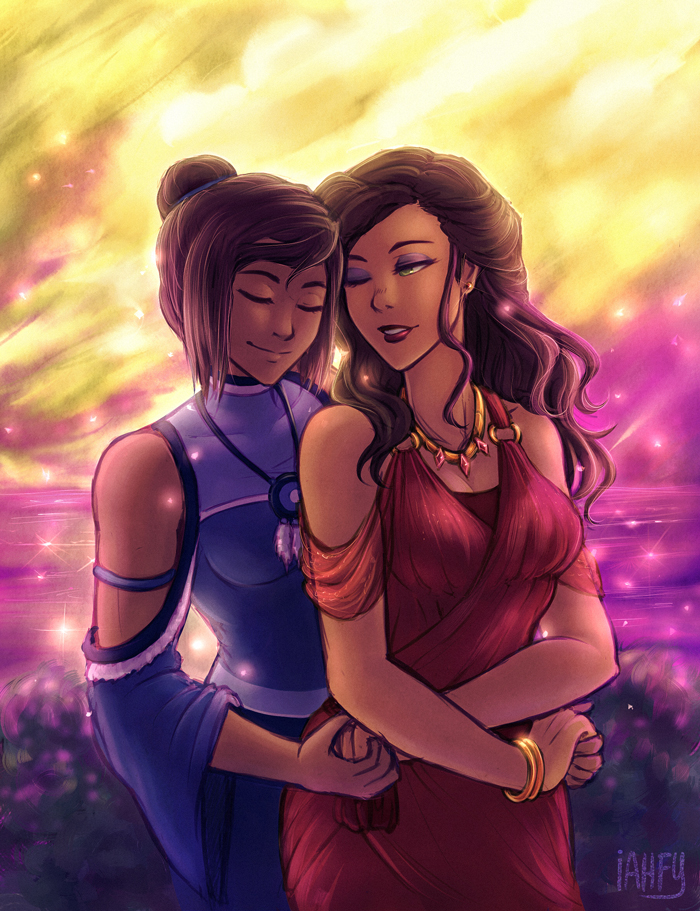 2girls alternate_hairstyle asami_sato aurora avatar:_the_last_airbender bare_shoulders bracelet brown_hair closed_eyes dark_skin detached_sleeves eyeshadow hair_bun horns hug hug_from_behind iahfy jewelry korra legend_of_korra long_hair makeup multiple_girls necklace spoilers yuri