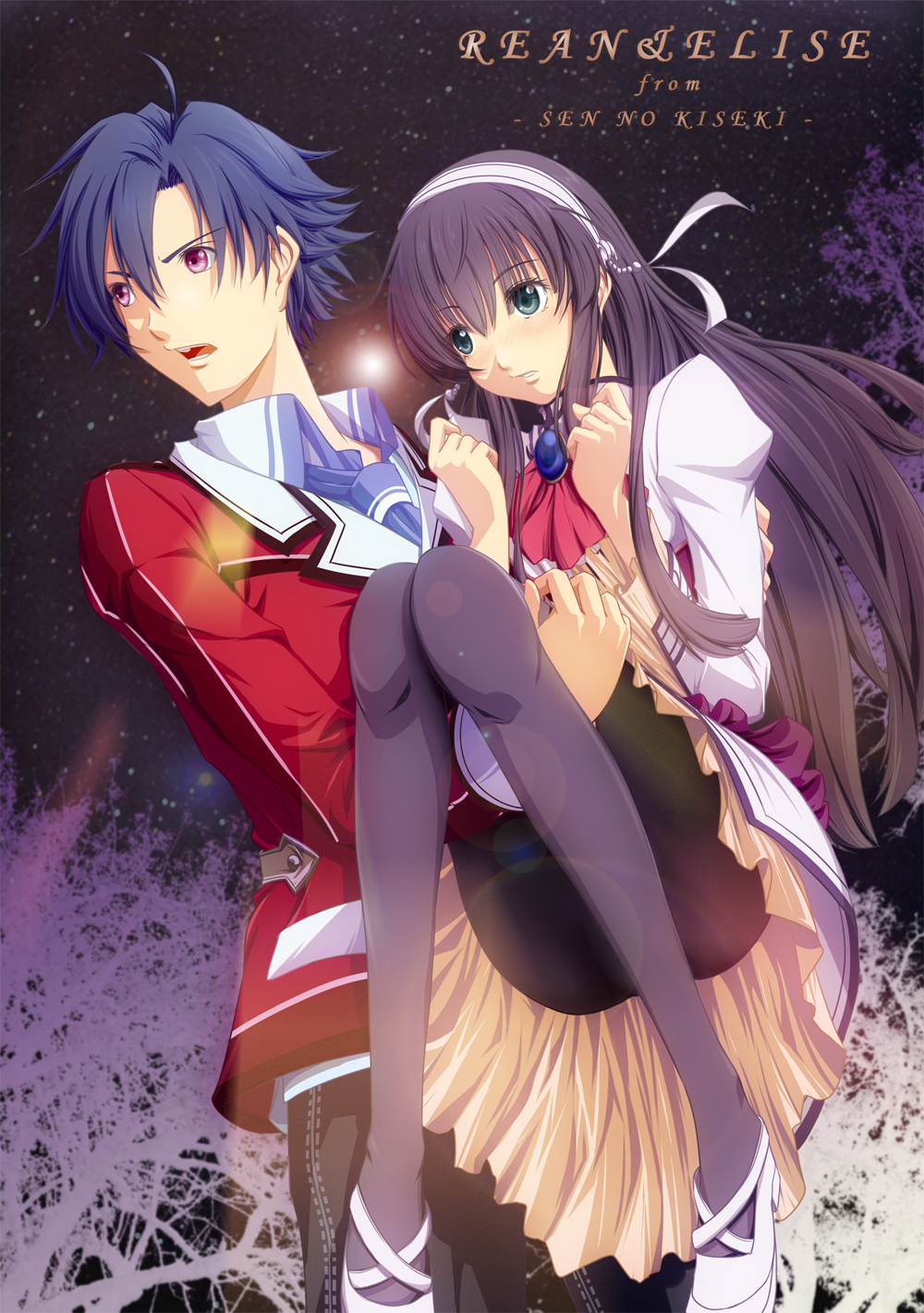 1boy 1girl black_hair black_legwear blazer blue_hair brother_and_sister carrying character_name eiyuu_densetsu elise_schwartzer falcom green_eyes hairband highres juliet_sleeves long_hair long_sleeves necktie pantyhose princess_carry puffy_sleeves rean_schwartzer school_uniform sen_no_kiseki siblings skirt tinybiard title_drop violet_eyes