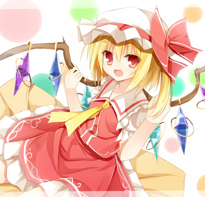 1girl ascot blonde_hair bow fang flandre_scarlet hat hat_bow looking_at_viewer open_mouth pink_eyes puffy_sleeves shirt short_sleeves side_ponytail sitting skirt skirt_set smile solo touhou vest wing_grab wings yuuhagi_(amaretto-no-natsu)