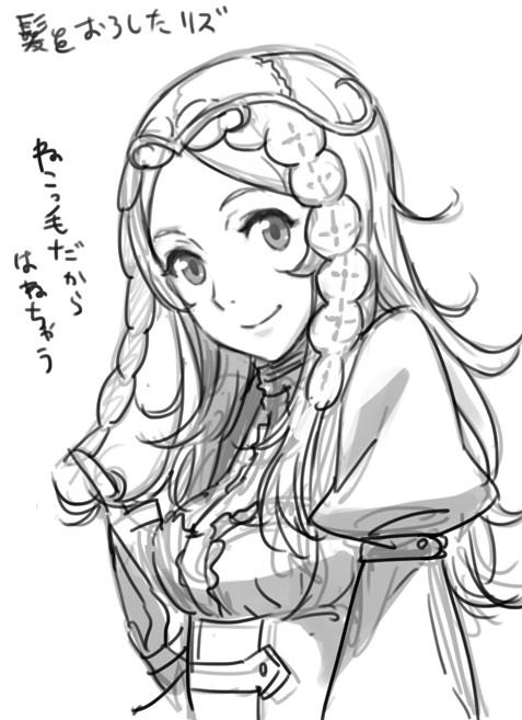 1girl alternate_hairstyle bangs bridal_gauntlets buttons circlet corset fire_emblem fire_emblem:_kakusei frills hair_down hair_twirling liz_(fire_emblem) long_hair long_sleeves looking_at_viewer monochrome official_art parted_bangs puffy_sleeves sketch smile solo