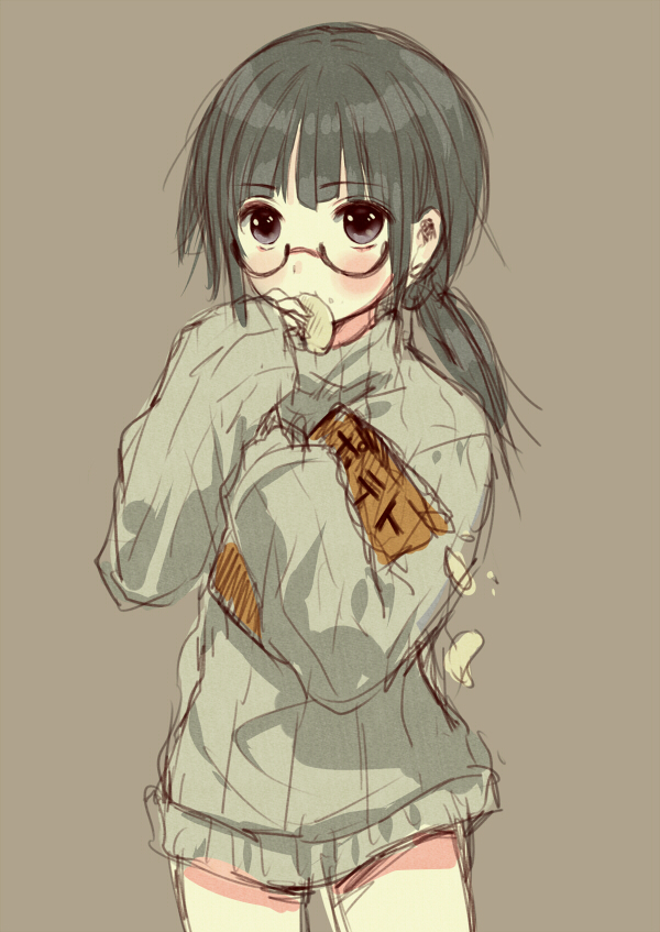 1girl blush eating glasses hanekoto long_hair potato_chips simple_background sweater