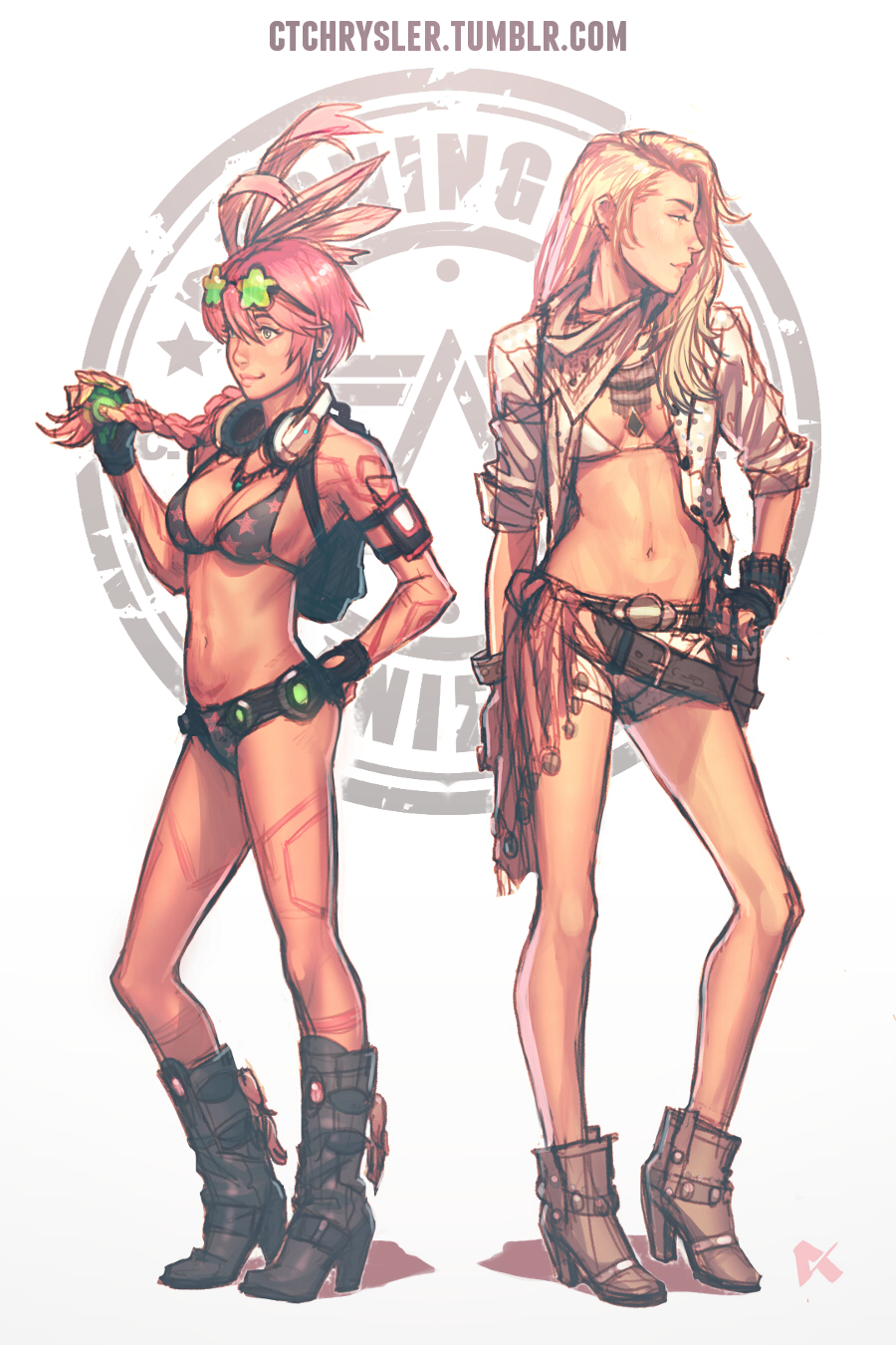2girls alternate_hairstyle annie_mei annie_mei_project belt bikini blonde_hair blue_eyes boots braid breasts burning_man_festival caleb_thomas cleavage contrapposto crossover eyebrows fingerless_gloves full_body gloves hair_ornament hair_over_one_eye hana_(caleb_thomas) headphones headphones_around_neck highres lips long_hair long_legs multiple_girls navel neckerchief nose original short_shorts shorts single_braid sleeves_rolled_up small_breasts standing star-shaped_glasses star_print strap_gap sunglasses sunglasses_on_head swimsuit tattoo