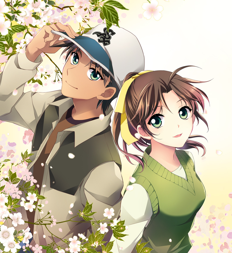 1boy 1girl ahoge brown_hair cherry_blossoms dark_skin green_eyes happy hat hattori_heiji mca_(dessert_candy) meitantei_conan open_clothes open_jacket ponytail short_hair smile tooyama_kazuha