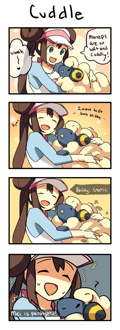 1girl blue_eyes blush breasts brown_hair closed_eyes comic double_bun english hair hair_ornament hat hug long_hair mareep mei_(pokemon) open_mouth pokemon pokemon_(creature) pokemon_(game) pokemon_bw2 ribbon smile source_request sweat text twintails weee_(raemz)