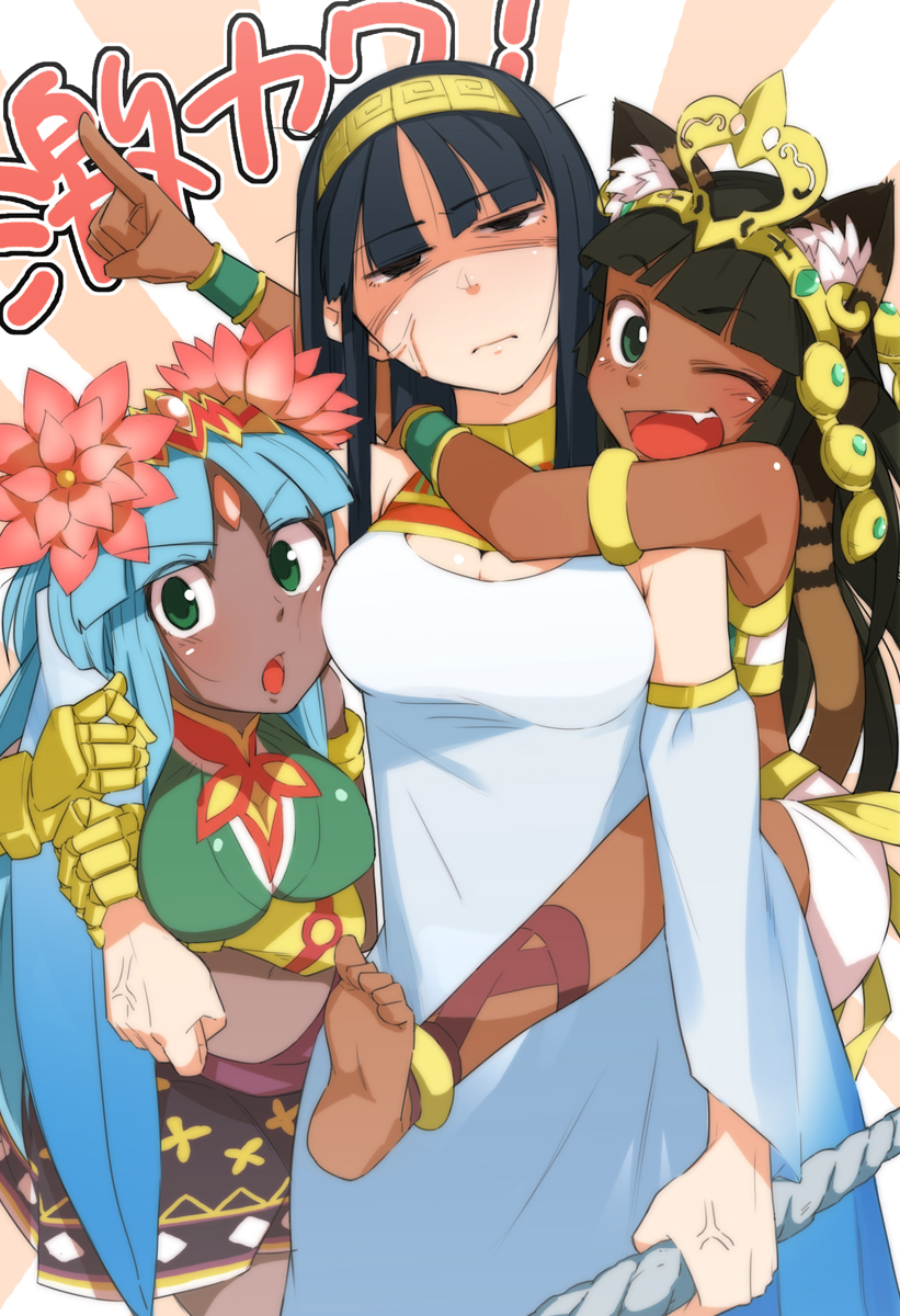 aiba-tsukiko anger_vein animal_ears ankle_lace-up armband bangs barefoot bastet_(p&amp;d) black_hair blue_hair blunt_bangs breasts cat_ears cat_tail circlet cleavage clenched_hand cross-laced_footwear dark_skin egyptian fang feet flower forehead_jewel gloves green_eyes hair_flower hair_ornament hairband highres hug isis_(p&amp;d) long_hair open_mouth parvati_(p&amp;d) puzzle_&amp;_dragons robe tail toes wink
