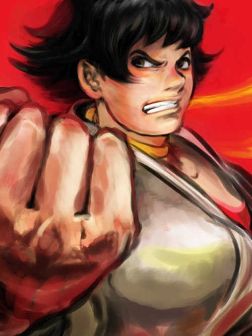 1girl bared_teeth black_hair clenched_hand dougi fighting_stance makoto nakano_(aoiyurino) portrait scarf short_hair solo street_fighter street_fighter_iii street_fighter_iii:_3rd_strike tomboy