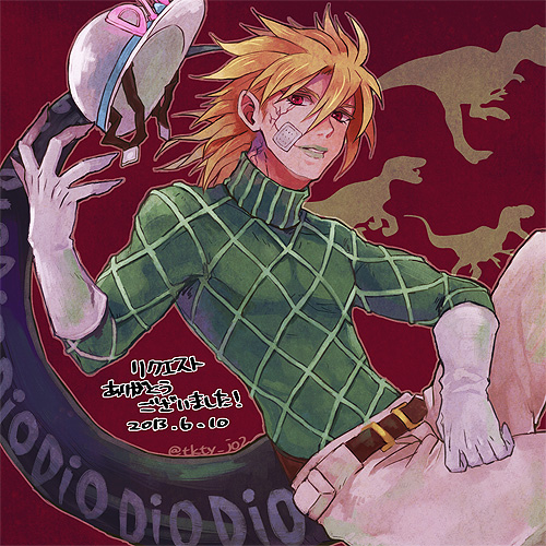 1boy bandages blonde_hair diego_brando gloves hat hat_removed headwear_removed jojo_no_kimyou_na_bouken lipstick lowres makeup red_eyes scary_monster_(stand) sewenan solo stand_(jojo) steel_ball_run tail