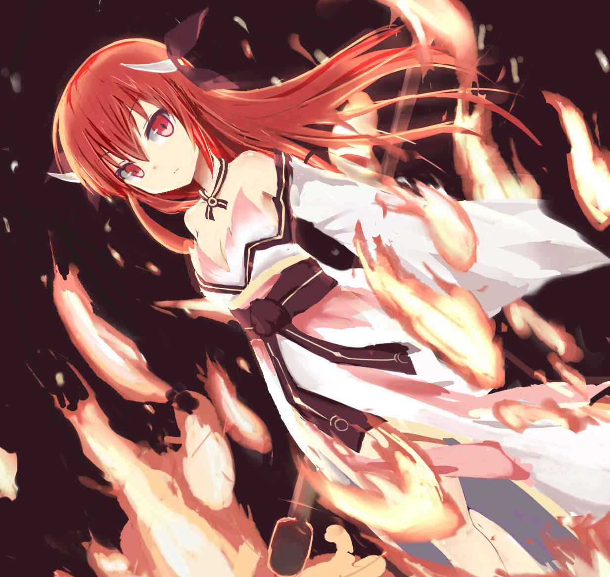 1girl bare_shoulders breasts dark_background date_a_live dress fire hair_ornament itsuka_kotori long_hair looking_at_viewer red_eyes redhead rianwzl solo twintails very_long_hair weapon wide_sleeves