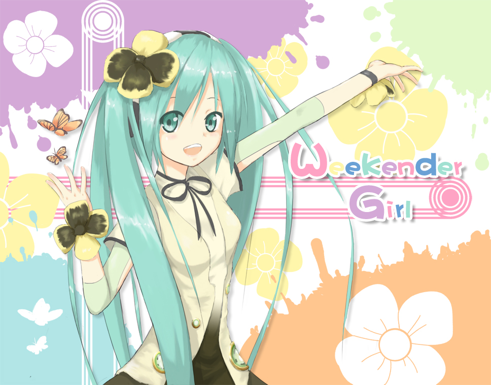 1girl butterfly green_eyes green_hair hatsune_miku long_hair open_mouth outstretched_arm reiya solo title_drop twintails vocaloid weekender_girl_(vocaloid)