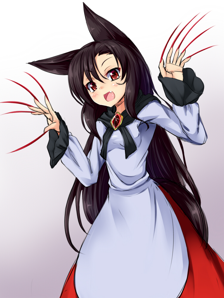 1girl amau_(kosmos) animal_ears brooch fang fingernails gradient gradient_background imaizumi_kagerou jewelry long_fingernails long_hair long_sleeves open_mouth red_nails shirt skirt solo tail touhou very_long_hair wide_sleeves wolf_ears wolf_tail