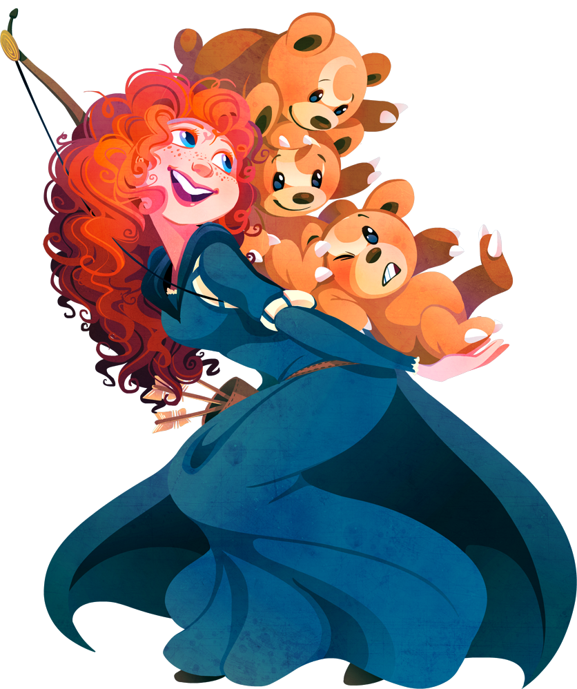 1girl arrow belt blue_eyes bow_(weapon) brave_(pixar) cape carrying crossover curly_hair freckles kuitsuku long_hair merida_(brave) open_mouth pixar pokemon pokemon_(creature) redhead simple_background teddiursa teeth transparent_background weapon