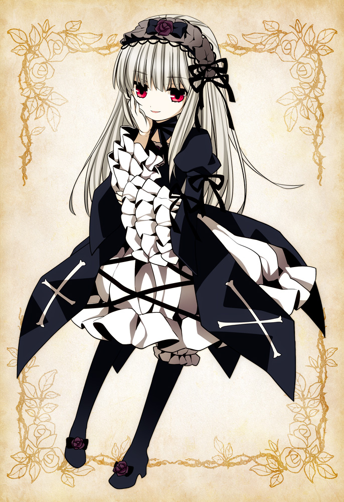 boots chin_rest doll_joints dress flower frills gothic_lolita hairband knee_boots lolita_fashion lolita_hairband long_hair moru red_eyes rose rozen_maiden silver_hair suigintou