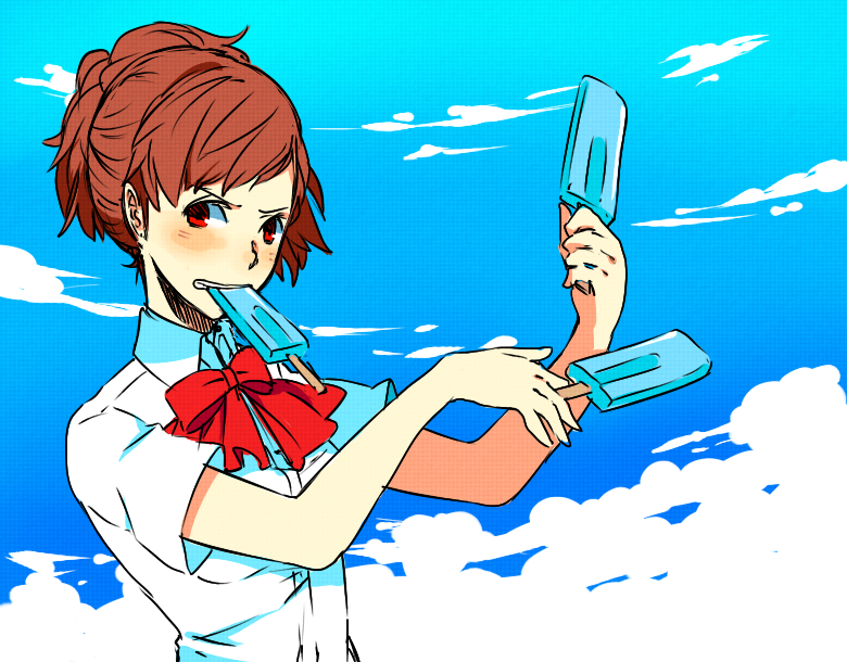 1girl ai-wa annoyed bow brown_hair bust female_protagonist_(persona_3) food persona persona_3 persona_3_portable ponytail popsicle red_eyes school_uniform