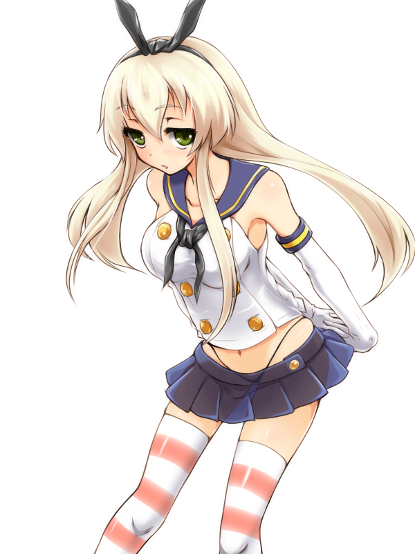 1girl :o arms_behind_back black_panties blonde_hair blush breasts elbow_gloves gloves green_eyes hairband kantai_collection long_hair looking_at_viewer navel panties personification see-through shimakaze_(kantai_collection) simple_background skirt solo striped striped_legwear thighhighs underwear white_background white_gloves yoou_(artist)