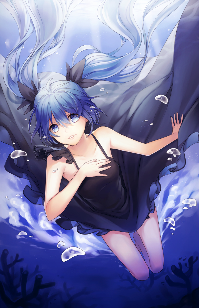 1girl blue_eyes blue_hair bubble dress floating_hair hatsune_miku long_hair naguri shinkai_shoujo_(vocaloid) solo twintails vocaloid
