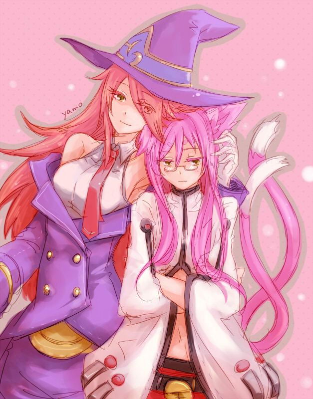 2girls animal_ears bare_shoulders bell belt blazblue blazblue_phase_0 cat_ears cat_tail family glasses hair_over_one_eye hat kokonoe konoe_a_mercury long_hair midriff mother_and_daughter multiple_girls multiple_tails navel necktie pink_hair ponytail redhead smile tail witch_hat yamo yellow_eyes