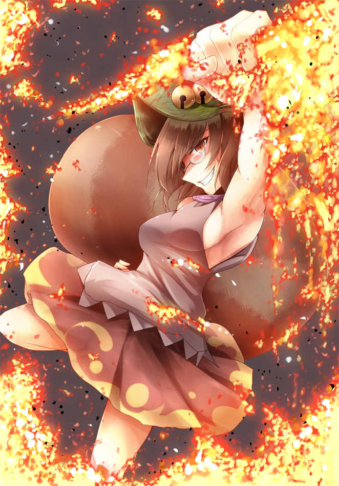 1girl ashes bell breasts brown_eyes brown_hair fire futatsuiwa_mamizou glasses grin hat midori_(misuriru8) raccoon_tail raised_fist sideboob skirt smile tail touhou