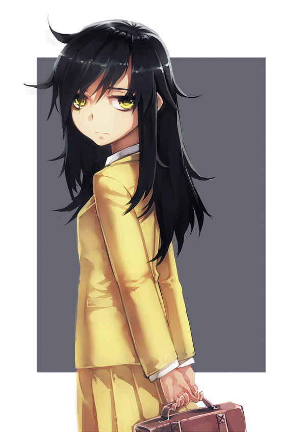 1girl bag bags_under_eyes black_hair expressionless from_behind green_eyes kuroki_tomoko long_hair looking_back messy_hair school_bag school_uniform simple_background siqi_(miharuu) solo watashi_ga_motenai_no_wa_dou_kangaetemo_omaera_ga_warui!