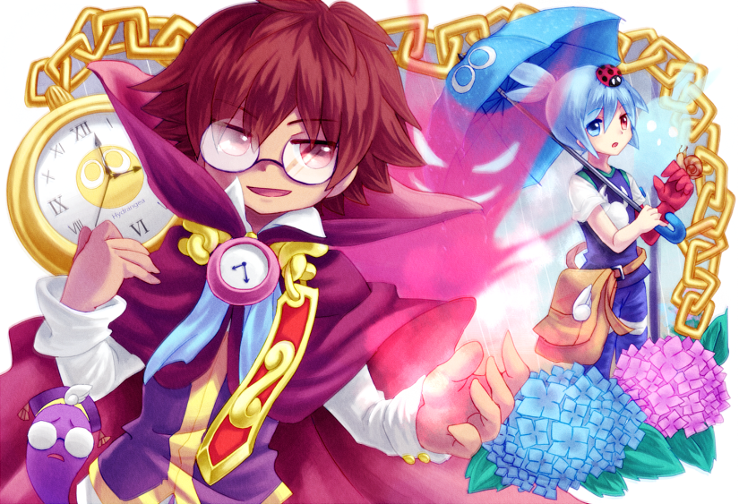 2boys ahoge bag blue_eyes blue_hair cape chain clock flower glasses heterochromia hydrangea klug ladybug male multiple_boys pants puyo_(puyopuyo) puyopuyo puyopuyo_fever red_eyes redhead shirt sig smile snail strange_klug umbrella yoriyomo