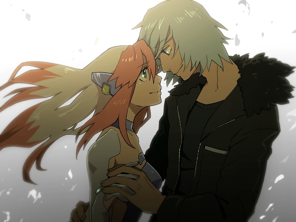 birdy_cephon_altirra black_jacket black_shirt couple eye_contact forehead-to-forehead gloves green_eyes grey_hair hair_ornament holding_hands impossible_clothes jacket long_hair looking_at_another mackerel_(artist) multicolored_hair nataru_shinmyou open_clothes open_jacket pink_hair redhead skin_tight smile tetsuwan_birdy tetsuwan_birdy_decode two-tone_hair