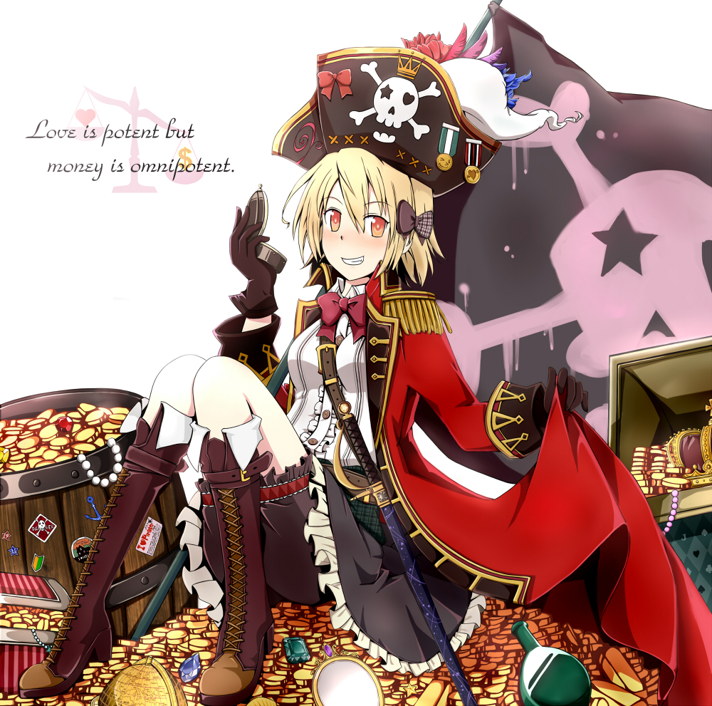 1girl black_gloves blonde_hair boots bow coin english epaulettes gloves grin hair_bow hat ido_(pixiv1101145) jolly_roger original pirate_flag pirate_hat red_eyes short_hair sitting skull_and_crossbones smile solo treasure treasure_chest
