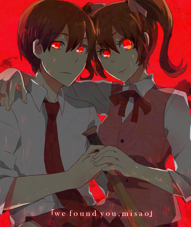 1boy 1girl aisuruhoshi aki_(misao) akito_(misao) baseball_bat blood blood_on_face brown_hair buttons ears english hair_ornament hair_ribbon hands_on_shoulder holding_hands misao necktie red_eyes ribbon skirt smile text weapon