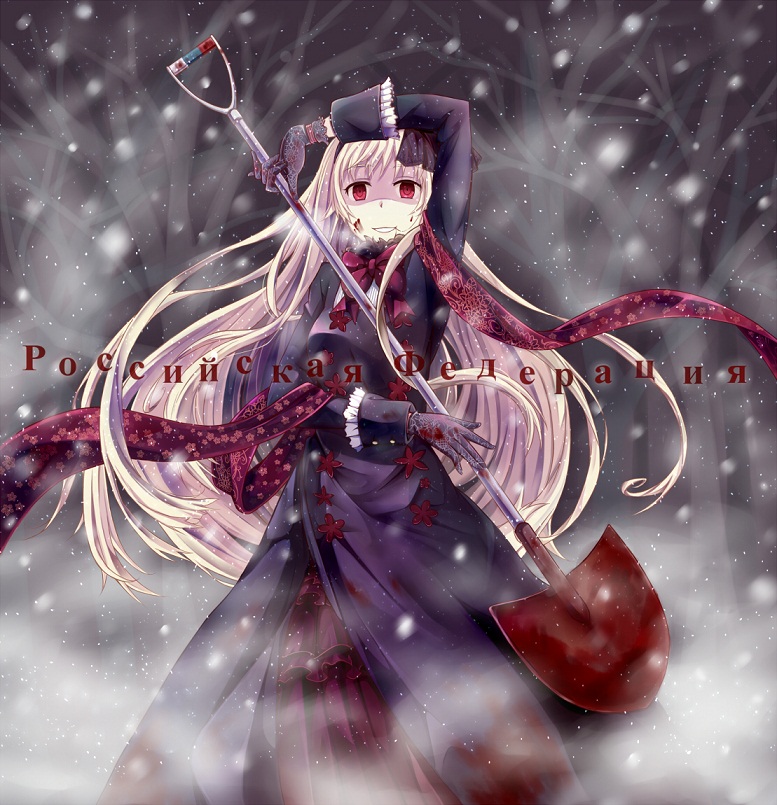 1girl axis_powers_hetalia black_gloves blonde_hair blood gloves grin hair_in_mouth ido_(pixiv1101145) long_hair red_eyes russian scarf shaded_face shovel smile snow solo translated worktool yandere