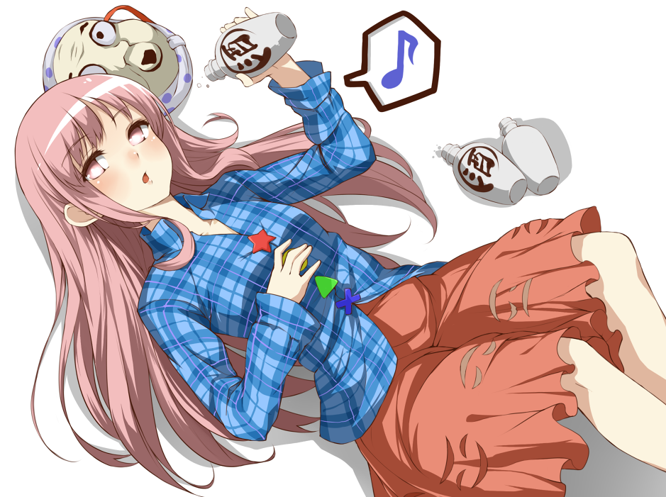 1girl bottle hata_no_kokoro jurakin long_hair lying mask musical_note on_back pink_eyes pink_hair plaid plaid_shirt skirt solo spoken_musical_note touhou