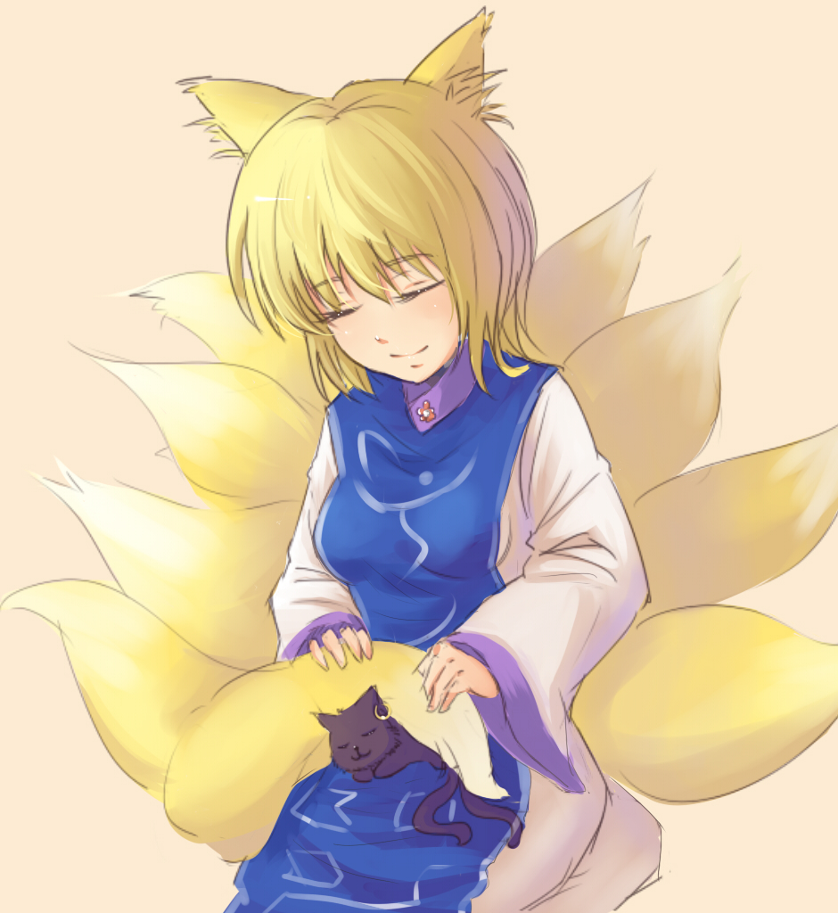 1girl animal_ears animal_on_lap blonde_hair breasts cat chen chen_(cat) closed_eyes dress eyelashes fox_ears fox_tail holding_own_tail jewelry koissa long_sleeves multiple_tails no_hat no_headwear pink_background seiza short_hair single_earring sitting sleeping smile tabard tail touhou wide_sleeves yakumo_ran