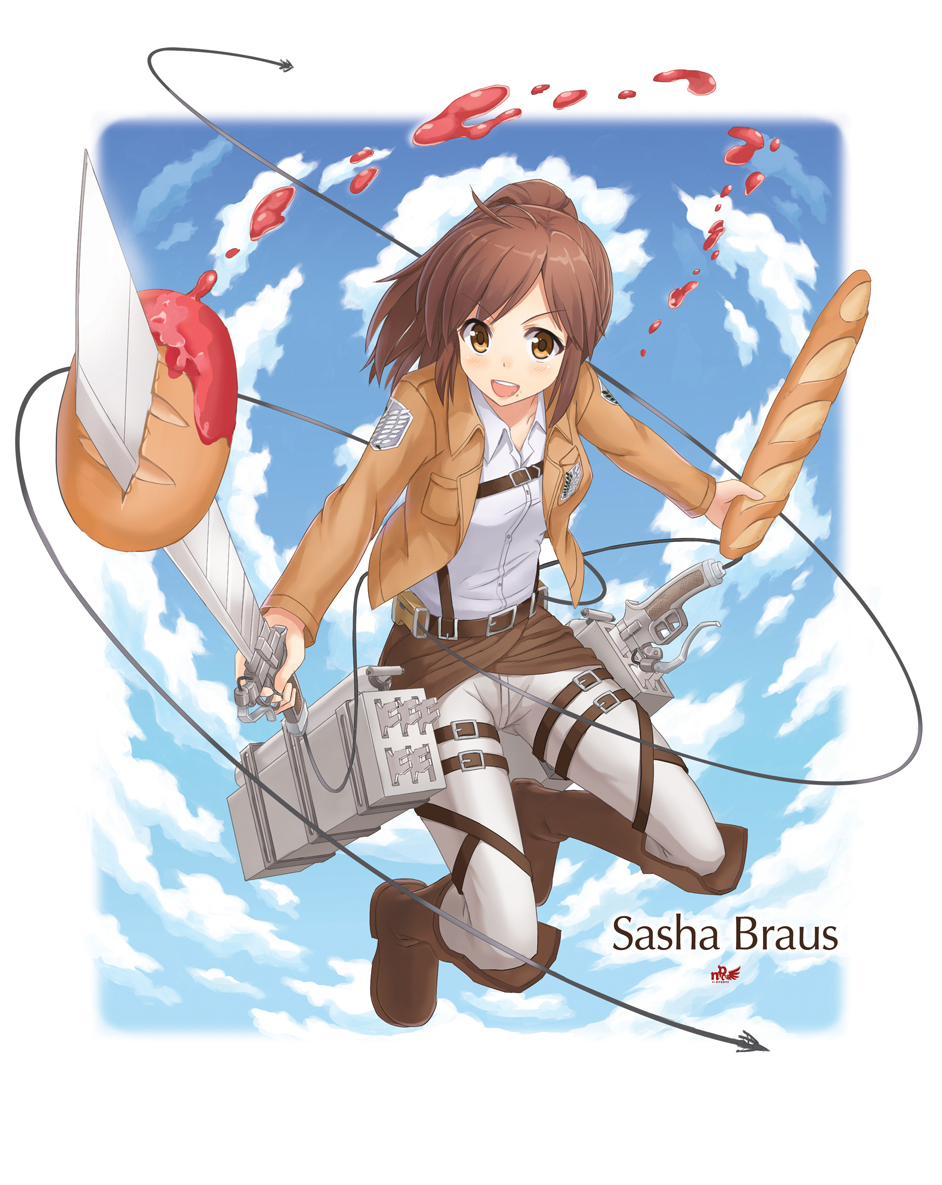 1girl baguette boots bread brown_eyes brown_hair cable clouds dual_wielding food jelly npcpepper ponytail sasha_browse shingeki_no_kyojin sky smile solo sword three-dimensional_maneuver_gear weapon