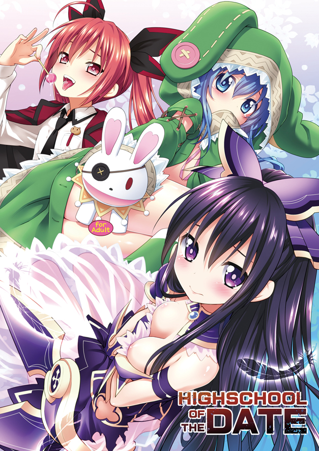 3girls animal_ears black_hair blue_eyes blue_hair blush breasts candy cleavage coat cover date_a_live detached_sleeves hair_ornament hand_puppet hood itsuka_kotori kannazuki_genshi lollipop multiple_girls necktie open_mouth ponytail puppet rabbit rabbit_ears red_eyes redhead saliva see-through sleeveless tears tongue twintails violet_eyes yatogami_tooka yoshino_(date_a_live)