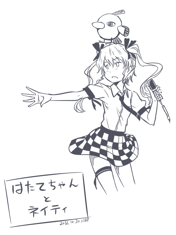 1girl cellphone checkered checkered_skirt hat himekaidou_hatate kawashina_(momen_silicon) long_hair monochrome natu open_mouth phone pokemon simple_background skirt solo tokin_hat touhou translation_request white_background