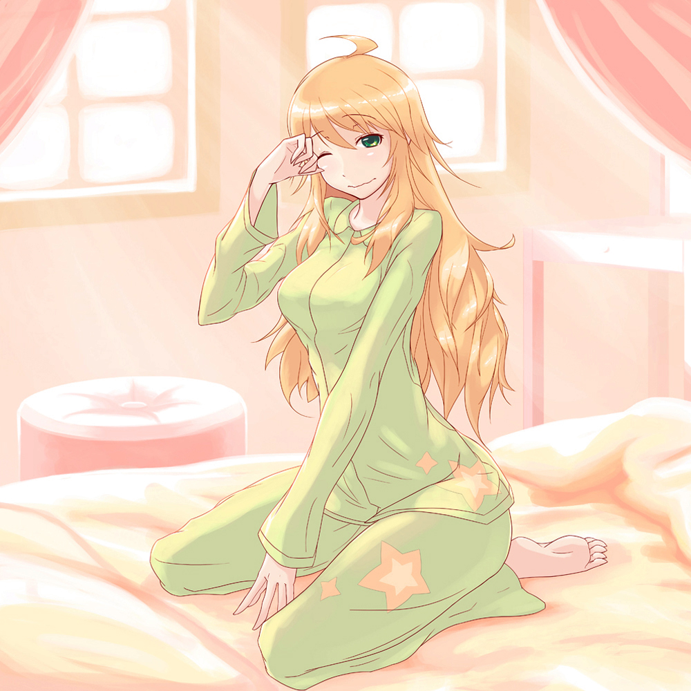 1girl ahoge barefoot bed blonde_hair feet green_eyes hinotori hoshii_miki idolmaster long_hair looking_at_viewer pajamas rubbing_eyes sleepy soles solo star_print sunbeam sunlight toes waking_up wavy_mouth window wink