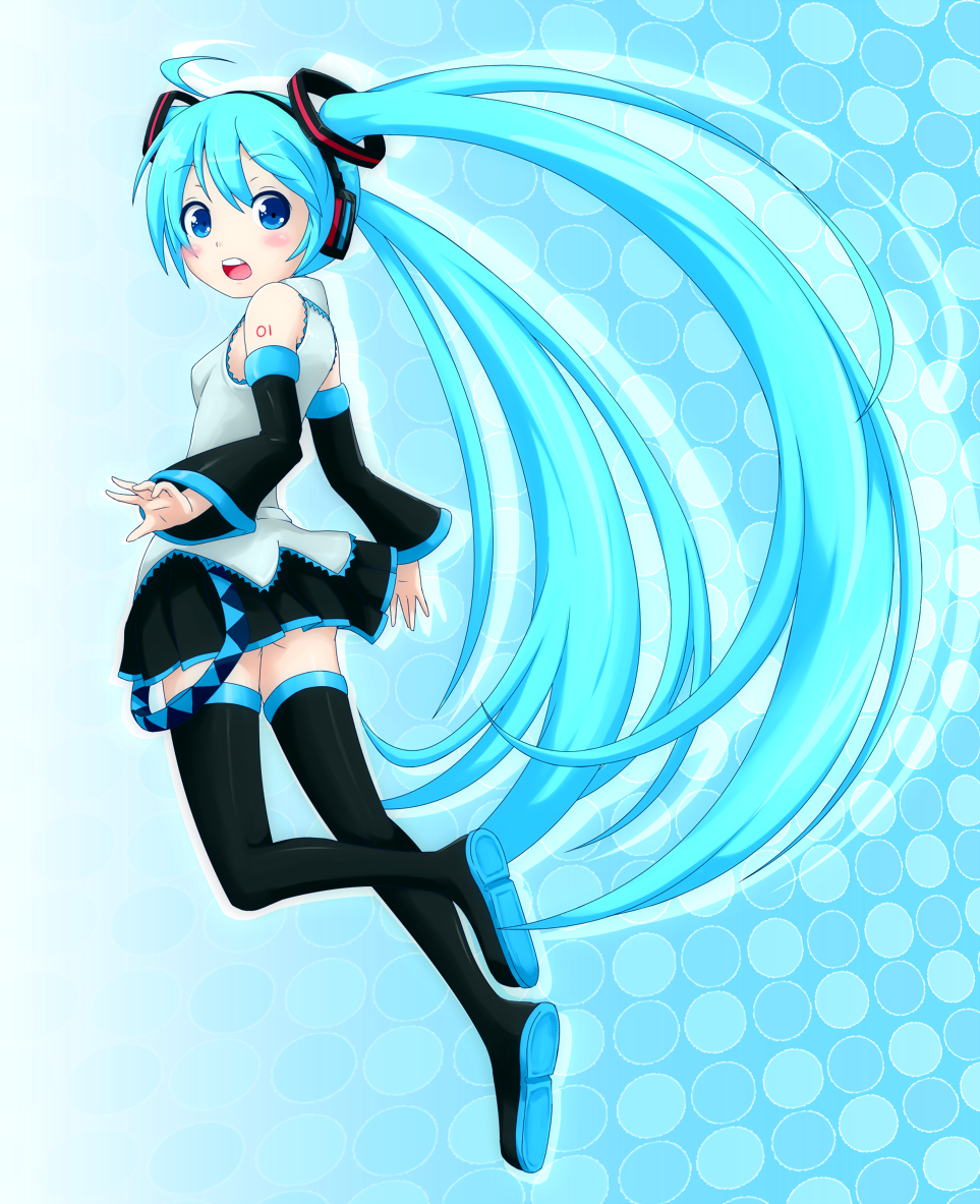 1girl ahoge aqua_hair blue_eyes boots detached_sleeves hatsune_miku headphones long_hair looking_back open_mouth skirt solo thigh-highs thigh_boots twintails very_long_hair vocaloid yuta1147