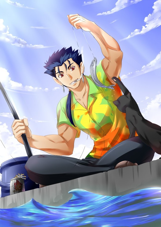 1boy blue_hair fate/hollow_ataraxia fate_(series) fish fishing_rod hawaiian_shirt lancer mouth_hold ponytail red_eyes solo string velvelumpileuspil