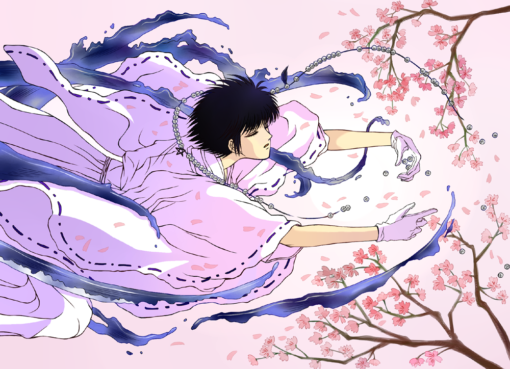 1boy black_hair cherry_blossoms closed_eyes gloves japanese_clothes jrkain kimono solo sumeragi_subaru x_(manga)
