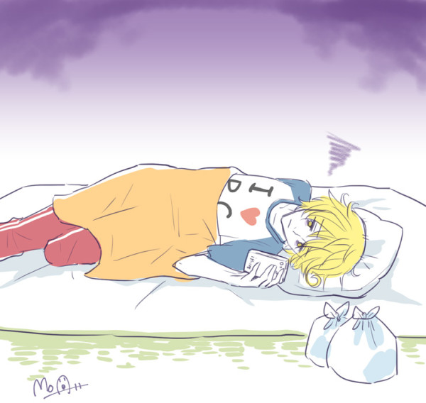 1boy arm_behind_back blanket blonde_hair cellphone dread futon hatoful_kareshi heart holding lying male messy_hair moa810 nanaki_kazuaki_(original) official_art on_side pants personification phone pillow purple_background signature smartphone solo spoilers t-shirt trash_bag unhappy white_skin yellow_eyes