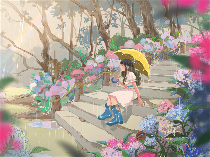 1girl arm_support blurry boots brown_hair closed_eyes depth_of_field flower gori_matsu hairband long_hair original profile rain rubber_boots sitting_on_stairs solo stairs tree umbrella
