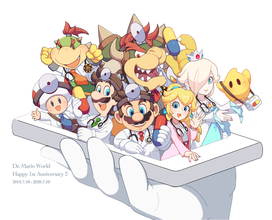 2girls 5boys :d anniversary aqua_dress arms_up bangs blonde_hair blue_eyes blue_necktie bowser bowser_jr. bracelet brothers brown_hair cellphone claws closed_mouth coat commentary_request copyright_name crown dated dr._luigi dr._mario dr._mario_(game) dr._mario_world dress earrings eyelashes facial_hair fang fangs frilled_sleeves frills gem giant_hand gloves green_necktie hair_over_one_eye hand_up head_mirror headband high_ponytail holding holding_phone horns hoshikuzu_pan jewelry labcoat long_hair long_sleeves looking_at_viewer luigi luma_(mario) mario multiple_boys multiple_girls mustache necktie one_eye_covered open_clothes open_coat open_mouth orange_necktie parted_bangs phone pill pink_coat ponytail princess_peach red_necktie redhead rosalina shell shirt short_hair siblings sidelocks simple_background smartphone smile spiked_shell spikes stethoscope super_mario_bros. swept_bangs teeth toad_(mario) upper_teeth wavy_hair white_background white_coat white_gloves white_shirt wide_sleeves