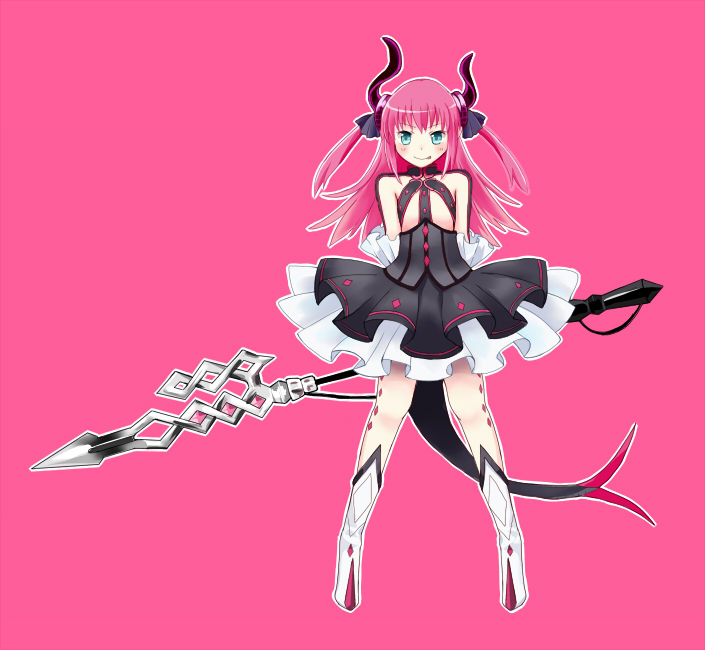 1girl 30re blue_eyes blush detached_sleeves dress fate/extra_ccc fate_(series) horns lancer_(fate/extra_ccc) long_hair pink_background pink_hair pointy_ears pointy_shoes polearm simple_background solo spear tail two_side_up weapon