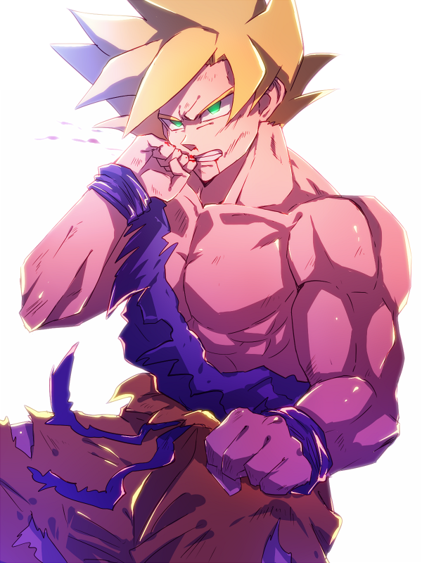 1boy blonde_hair dragon_ball dragon_ball_z green_eyes muscle purinnkawayusu solo son_gokuu spiky_hair super_saiyan torn_clothes