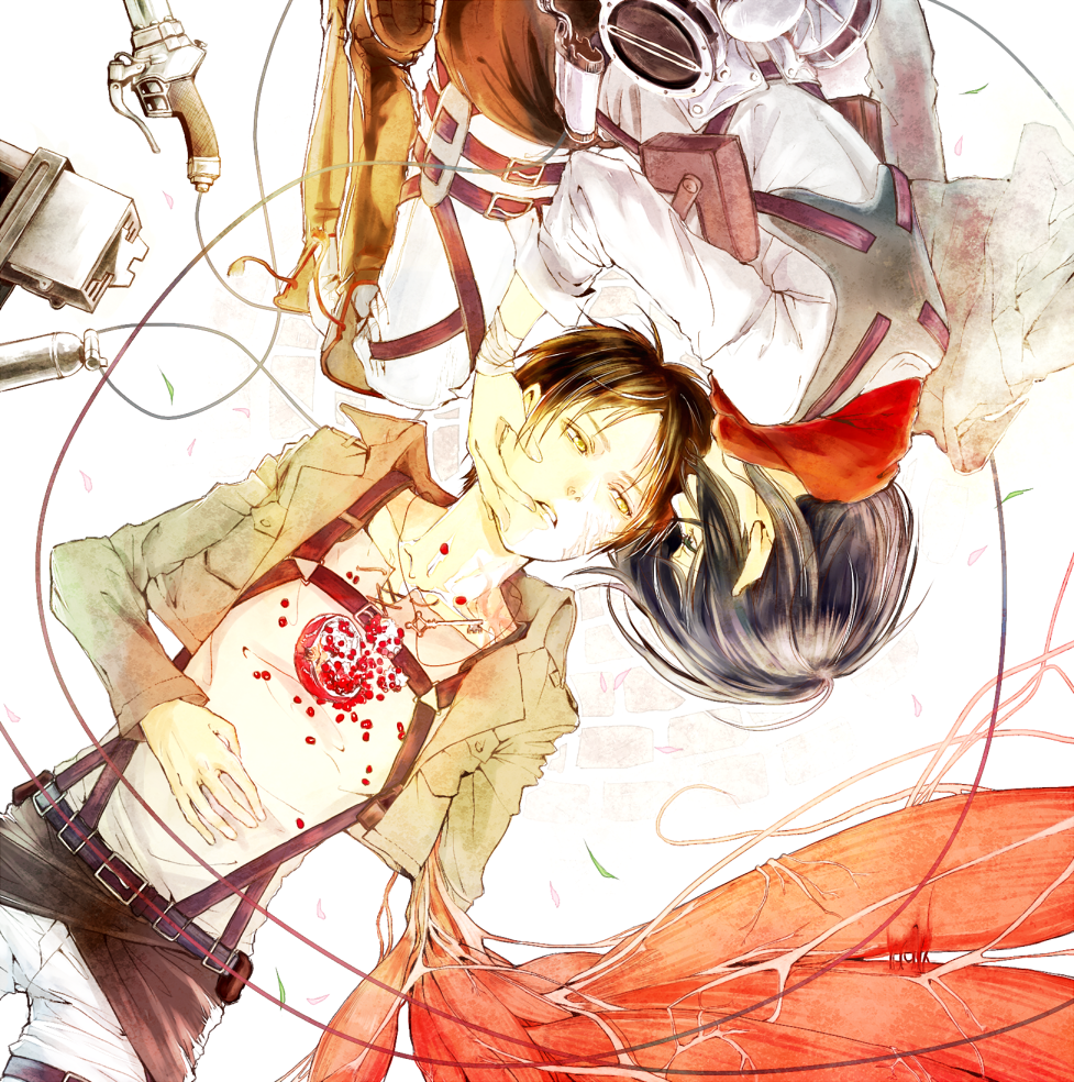 1boy 1girl belt black_hair brown_hair cable collarbone eren_jaeger green_eyes hands_on_another's_face key long_sleeves mikasa_ackerman muscle petals pocket risaayu scarf shingeki_no_kyojin short_hair sword thigh_strap three-dimensional_maneuver_gear uniform upside-down veins weapon yellow_eyes