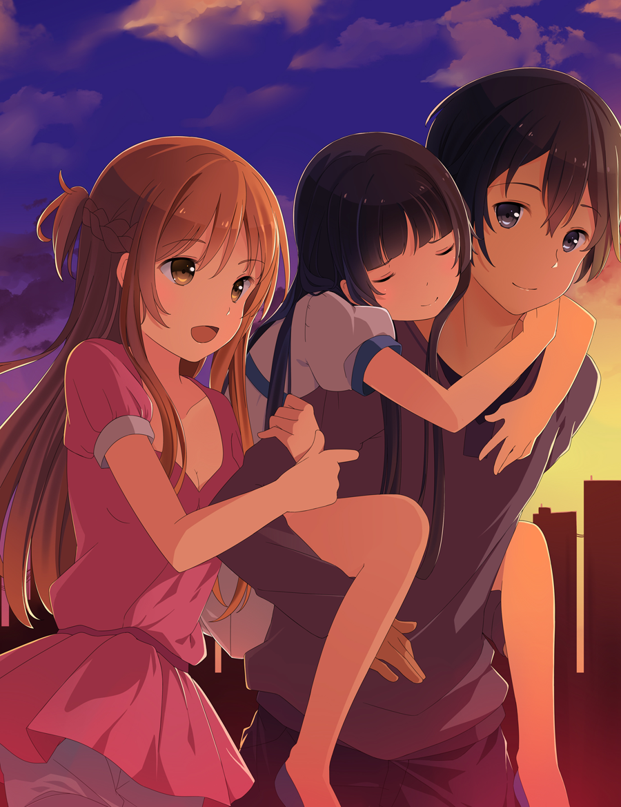 1boy 2girls asuna_(sao) black_hair brown_eyes brown_hair hitsukuya kirito long_hair multiple_girls sword_art_online yui_(sao) yuuki_asuna