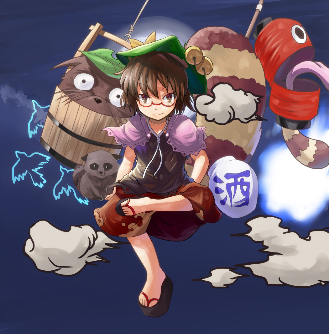 1girl animal_ears bell bird bow brown_eyes brown_hair bucket chouchin_obake cyclops full_moon futatsuiwa_mamizou glasses gourd hamakenn hat lantern leaf leaf_on_head moon one-eyed paper_lantern raccoon_ears raccoon_tail red-framed_glasses sandals smile smoke tail tanuki tongue touhou