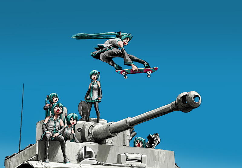 detached_sleeves hatsune_miku military military_vehicle necktie pleated_skirt rxjx skateboard skirt tank tiger_(tank) twintails vehicle vocaloid