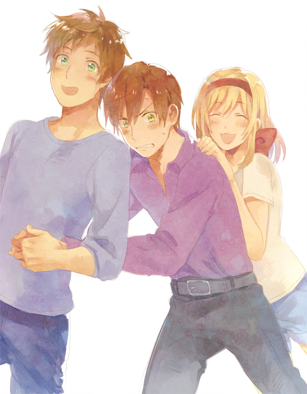 1girl 2boys ahoge alternate_hair_color axis_powers_hetalia belgium_(hetalia) belt blonde_hair brown_hair clenched_teeth cover cover_page doujin_cover fingernails frown green_eyes hair_between_eyes hair_intakes hair_ribbon hand_on_another's_shoulder holding_hands hug hug_from_behind leaning leaning_back leaning_forward looking_at_viewer multiple_boys open_mouth pants ribbon short_hair shorts simple_background southern_italy_(hetalia) spain_(hetalia) sweat teeth unbuttoned white_background zukki_(suzukio)