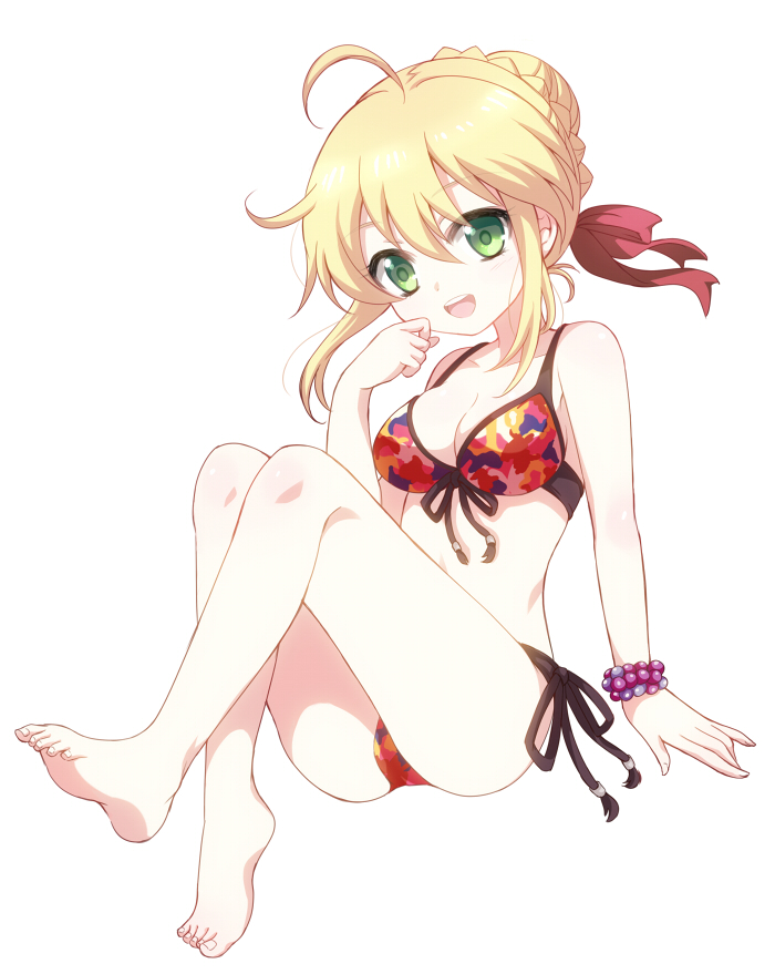 1girl bikini blonde_hair braid fate/extra fate_(series) green_eyes harimoji saber_extra swimsuit