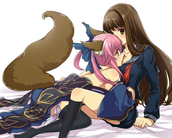 2girls animal_ears bare_shoulders bow breasts brown_eyes brown_hair caster_(fate/extra) cleavage detached_sleeves fate/extra fate/extra_ccc fate_(series) female_protagonist_(fate/extra) fox_ears fox_tail hair_bow hair_ribbon japanese_clothes multiple_girls nopo_(patter) pink_hair ribbon school_uniform serafuku tail thighhighs twintails yellow_eyes yuri