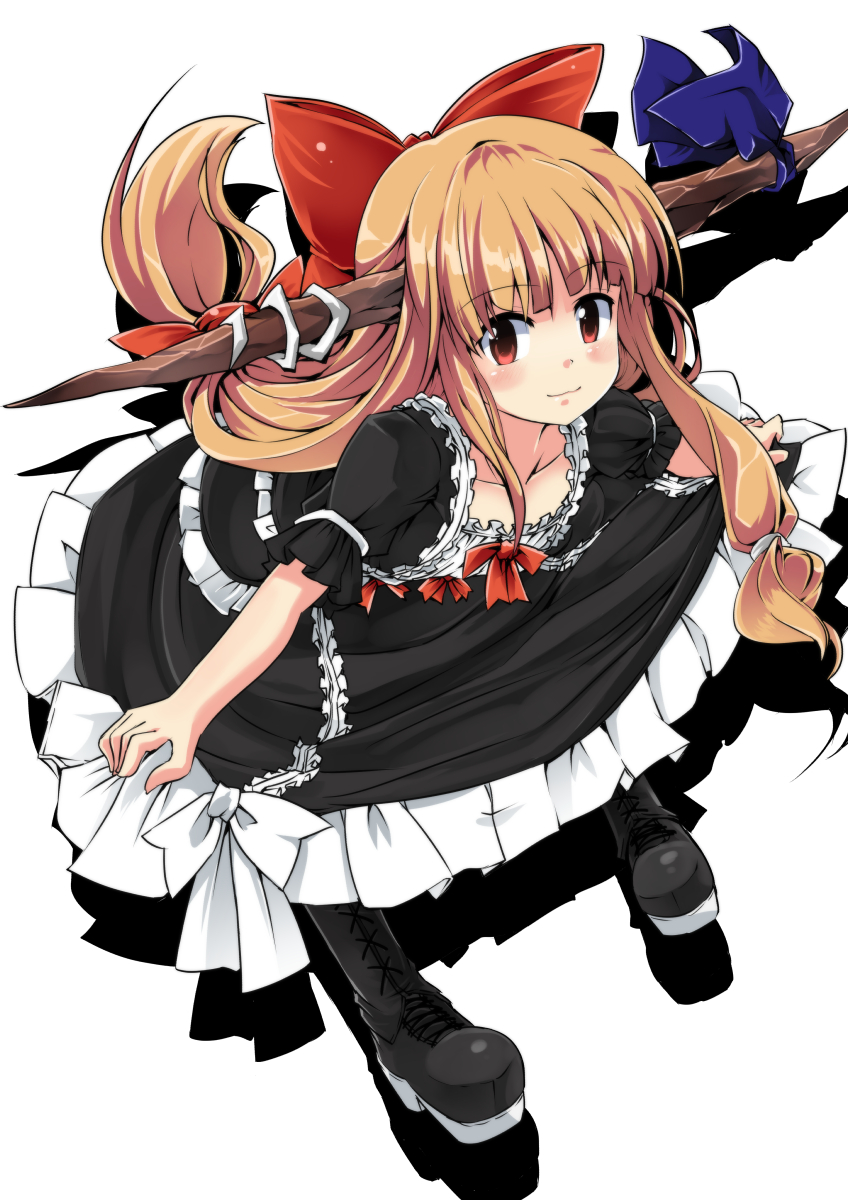 1girl alternate_costume bent_over blonde_hair boots bow collarbone cross-laced_footwear curtsey gothic_lolita hair_bow highres horn_ribbon horns ibuki_suika lolita_fashion looking_at_viewer noa_(nagareboshi) puffy_sleeves red_eyes ribbon short_sleeves simple_background solo touhou white_background