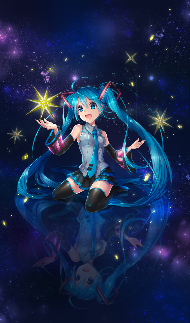 1girl :d aqua_eyes boots detached_sleeves hatsune_miku highres long_hair necktie open_mouth reflection seiza sitting skirt smile solo star_(sky) thigh_boots thighhighs twintails very_long_hair vocaloid yamori_(stom)